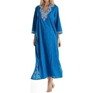 La Cera Dress Womens L Blue Embroidered Floral Caftan Pockets Boho Maxi